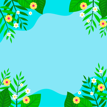 Frame with flowers and leaves on a blue background. Vector illustration.のイラスト素材