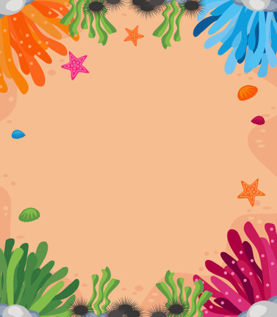 Sea life background frame with seaweed and starfish. Vector illustration.のイラスト素材