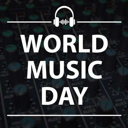 World music day on sound mixing console background, 3d render illustrationの写真素材