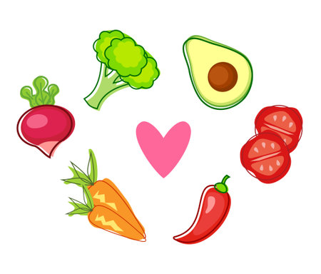 Healthy food icons set. Vector illustration of vegetables and fruits.のイラスト素材