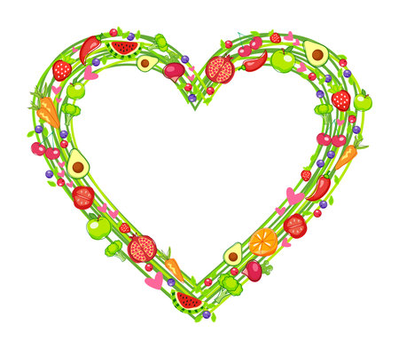 Fruit and vegetable heart shape frame. Vector illustration isolated on white background.のイラスト素材