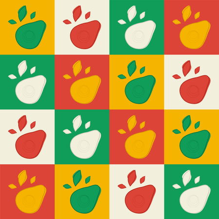 vector background patternt with avocado fruits and vegetables on a checkered background.のイラスト素材