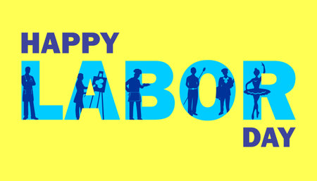 Happy labor day. Silhouette of workers on yellow background.のイラスト素材