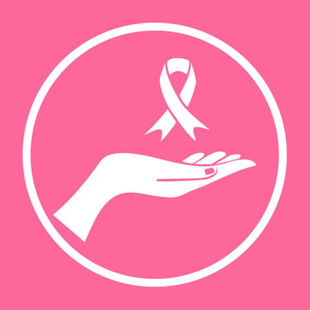Breast Cancer Awareness Ribbon. White icon on the pink background. Vector illustration.のイラスト素材