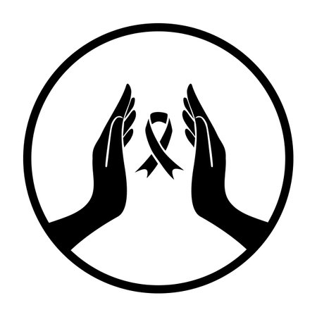 breast cancer campaign, hands with ribbon vector illustration silhouette style iconのイラスト素材