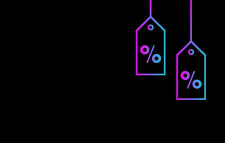 Neon sale tags with percent sign on black background. Vector illustration.のイラスト素材