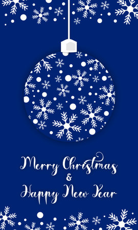 Christmas and New Year greeting card with hanging bauble. Vector illustration.のイラスト素材