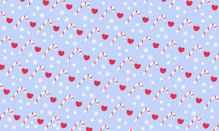 Seamless pattern with candy canes, hearts and snowflakes on blue background