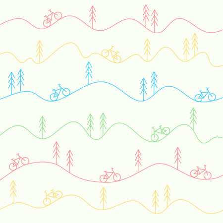 Seamless vector pattern with hand drawn doodle forest and bicycleのイラスト素材
