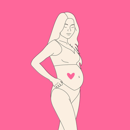 Pregnant woman with big belly on pink background. Vector illustration.のイラスト素材