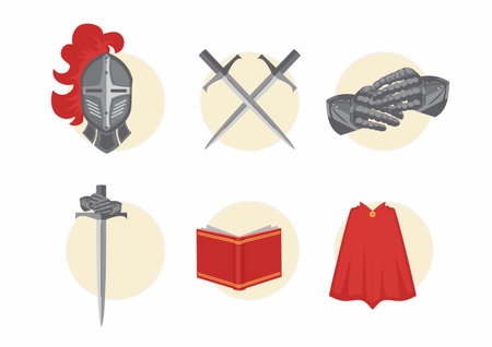 Medieval weapons and armor vector icon set. Crossed swords, helmet, cape, red cloak, baton, sword.のイラスト素材