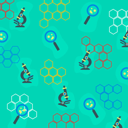 Seamless pattern with microscope, magnifier and honeycomb.のイラスト素材