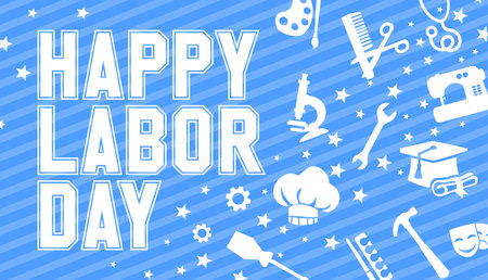Happy labor day banner greeting card with labor day icons on blue background.のイラスト素材