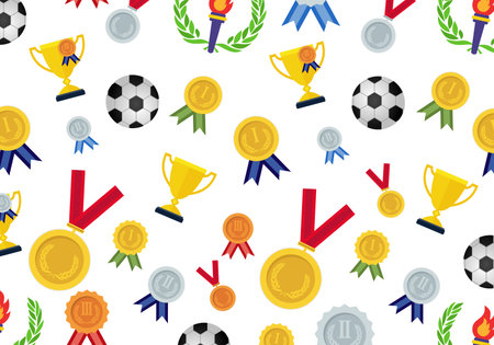 Seamless pattern with icons of football, soccer, soccer ball, medal. Vector illustrationのイラスト素材