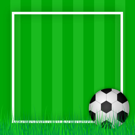 Soccer ball on green grass background with frame. Vector illustration.のイラスト素材