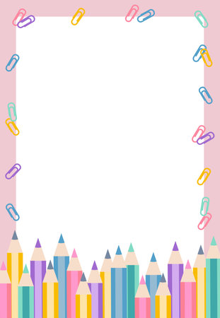 Colorful pencils and paper clip on white background. Vector illustration.のイラスト素材