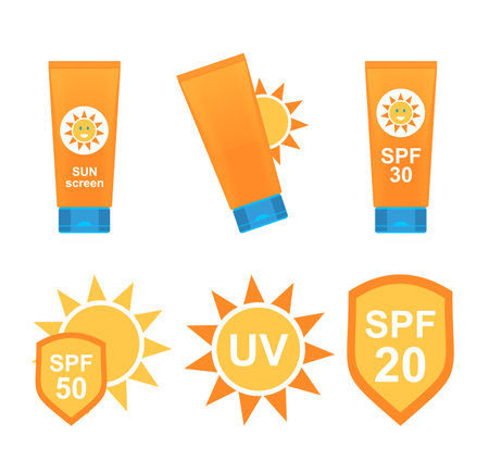 Sunscreen cream icon set. Sun protection cream, sunblock lotion, sunblock, sun protection,...