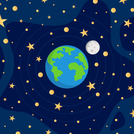 Earth in space with stars and planets. Vector illustration. Flat design.