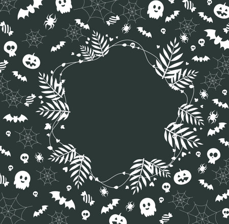 Halloween background with spiders, bats, leaves, cobwebs and starsのイラスト素材