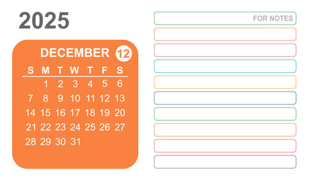 Calendar for December 2025 with space for notes on white background. Vector illustration.のイラスト素材