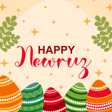 Happy nowruz card with colorful eggs and leaves. Vector illustration.のイラスト素材