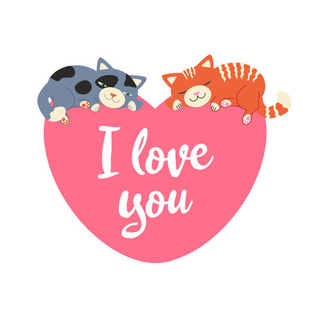 I love you. Greeting card with cute cartoon cats. Vector illustration.のイラスト素材