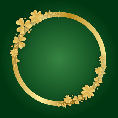 Gold circle frame with clover leaves on green background. St. Patrick's Day. Vector illustration.のイラスト素材