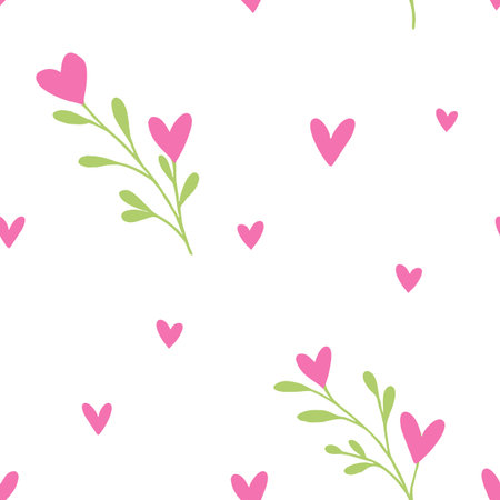 Seamless pattern with hearts and leaves. Vector background for Valentine's day.のイラスト素材