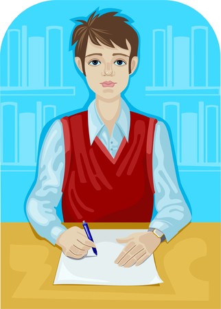 Young man is going to write something on a blank piece of paperのイラスト素材