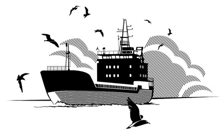 silhouette of a sailing barge surrounded with sea gullsのイラスト素材