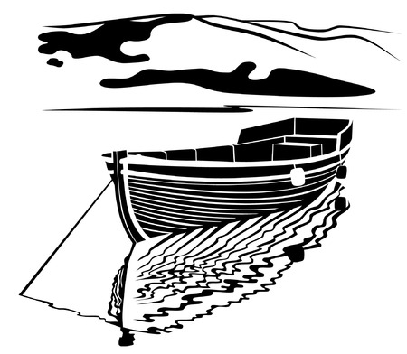 Black and white image of traditional  fisherman boatのイラスト素材