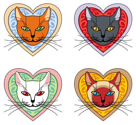 Four cats heads  inside hearts isolated on a white backgroundのイラスト素材