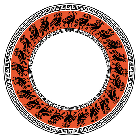 Round frame with  Greek meander and owls  silhouettesのイラスト素材