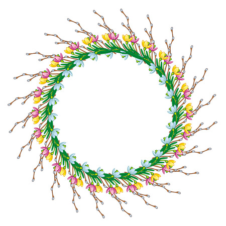 Round frame with flowers and willowsのイラスト素材