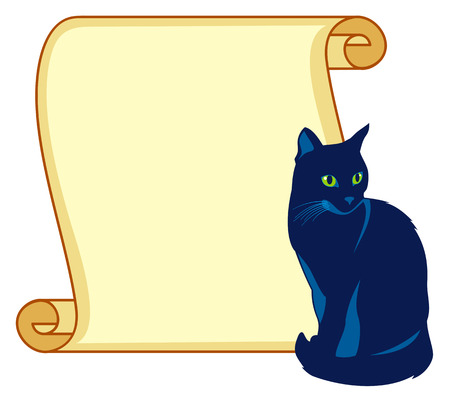 Black cat with paper scroll backgroundのイラスト素材