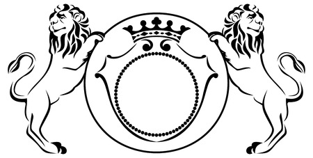 Two outline lions with a shield isolated on a white backgroundのイラスト素材