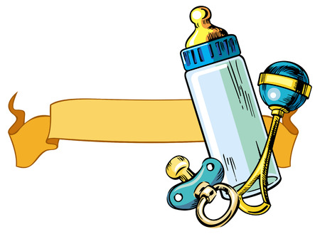 Baby bottle, soother and rattle with paper stickerのイラスト素材
