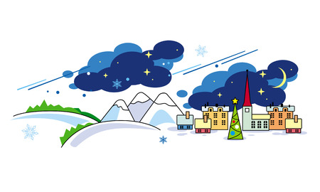 Winter town landscape with mountainsのイラスト素材