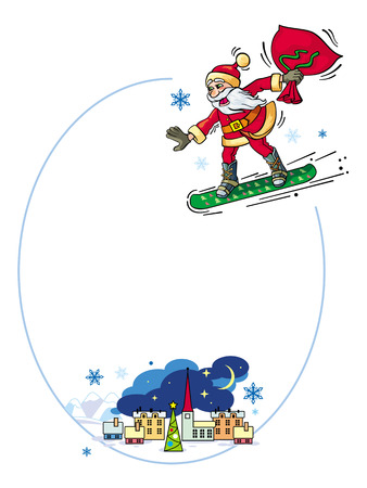 Round frame with winter town landscape and Santa Claus riding snowboardのイラスト素材