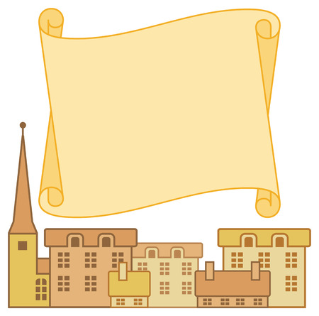 frame with european traditional houses and paper scroll on backgroundのイラスト素材