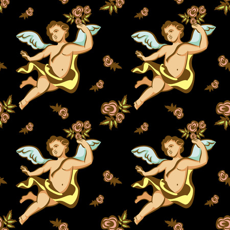 Seamless pattern with roses and cherubsのイラスト素材