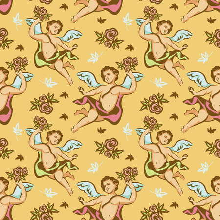 Seamless pattern with roses and cherubsのイラスト素材