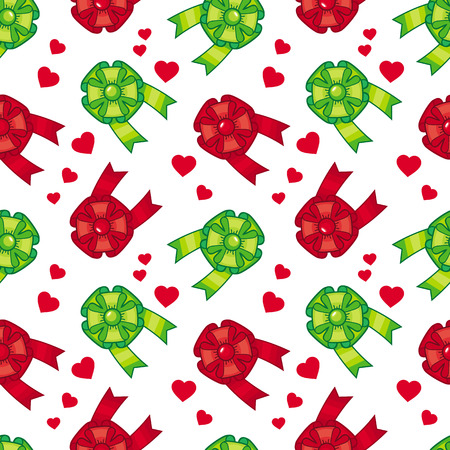 Seamless pattern with colorful bows and red heartsのイラスト素材