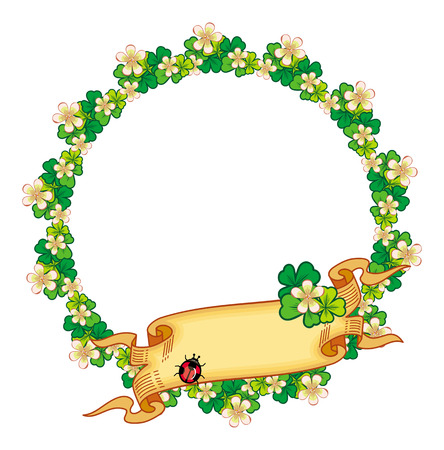 Beautiful round frame with clover and paper scrollのイラスト素材