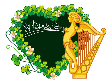 Beautiful heart shaped  frame with clover and irish harpのイラスト素材
