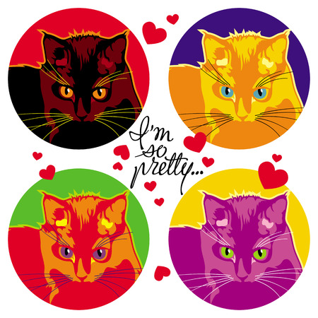 Colorful cats portraits hand drawn letteringのイラスト素材