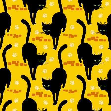 Black cat walking on the sloppy street. seamless pattern with cat's silhouettesのイラスト素材