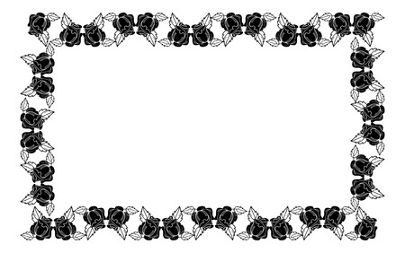 Vintage horizontal floral frame with roses silhouette. Black and white vector design element for advertisements, flyer, web, wedding and other invitations or greeting cards.のイラスト素材