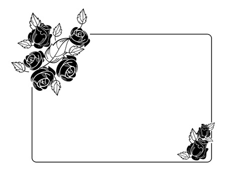Vintage horizontal floral frame with roses silhouette. Black and white vector design element for advertisements, flyer, web, wedding and other invitations or greeting cards.のイラスト素材