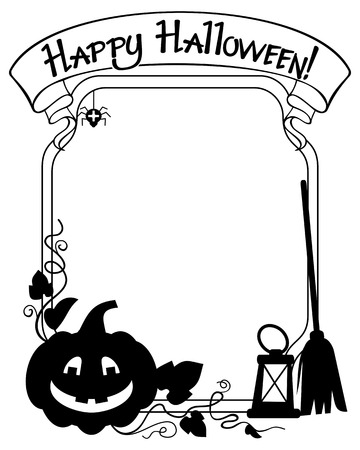 Black and white  frame with Halloween pumpkin and text "Happy Halloween!" Vector clip art.のイラスト素材